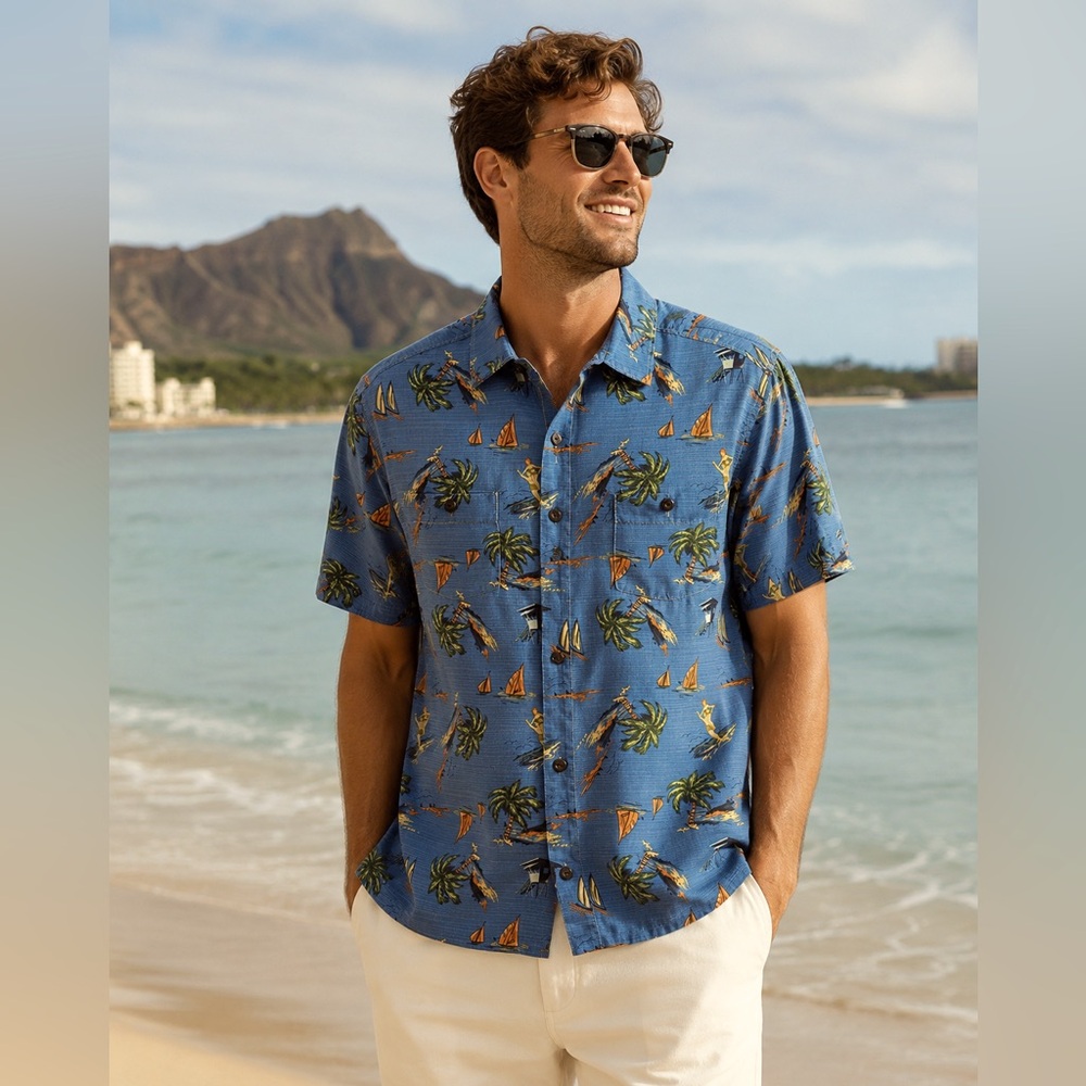 Tommy Bahama Island Modern Fit Silk Hawaiian Shirt Blue Surf Print Mens S